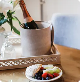 Champagne on ice with a tray of fruit