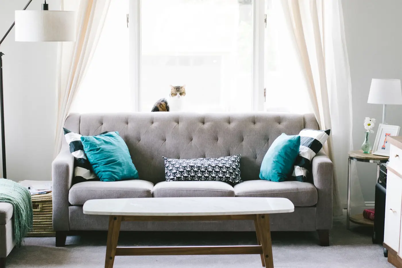 Parlor with tufted sofa and cushions